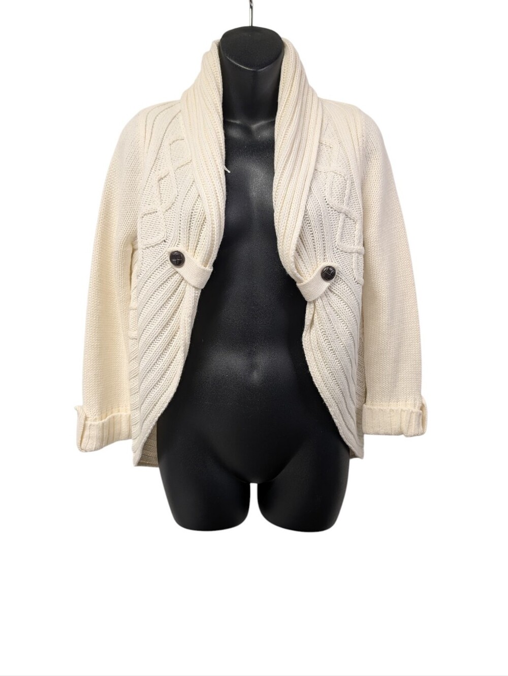 pink rose Womens Ivory Knit Shawl Collar Open Front Cardigan Sweater Size M NWT